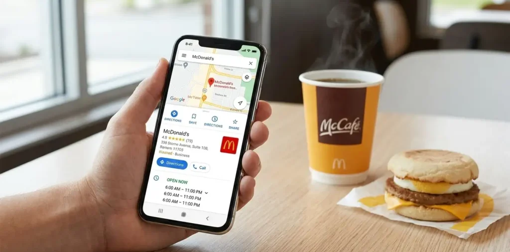 Checking McDonald’s opening hours on Google Maps using a smartphone.