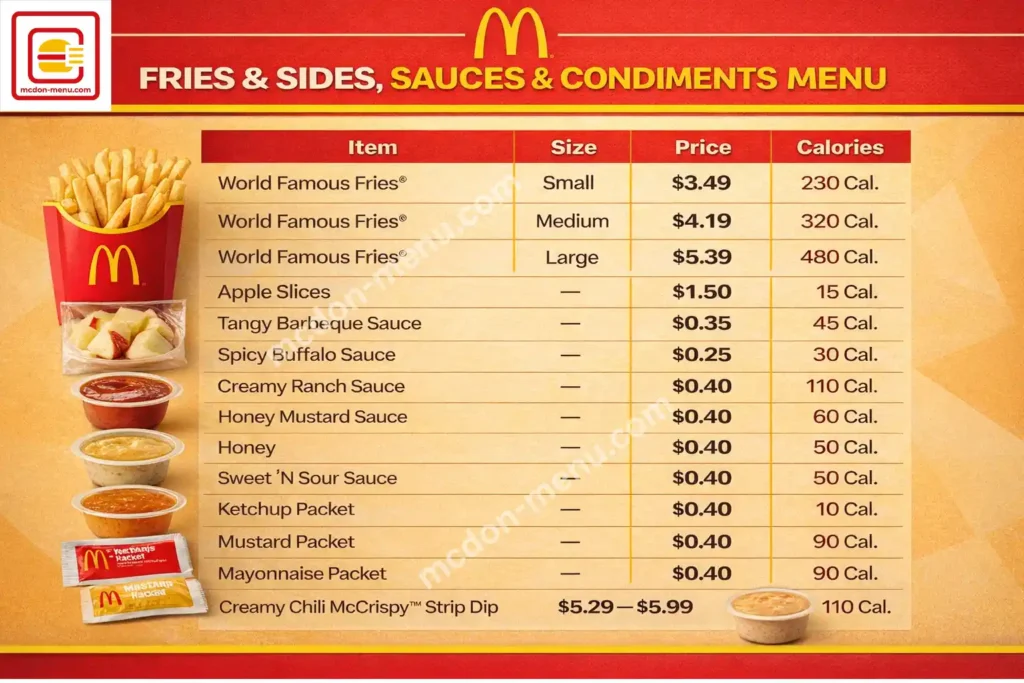 McDonald’s fries and  sldesa and  sauces and condiments menu
