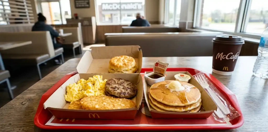 McDonald’s Big Breakfast meal with eggs, sausage, hash browns, biscuit, and hotcakes.