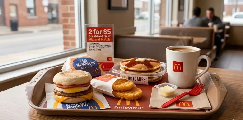 McDonald’s breakfast deal with Egg McMuffin, hash browns, and coffee.