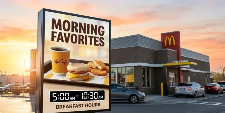 McDonald’s breakfast hours showing morning menu items and opening time.