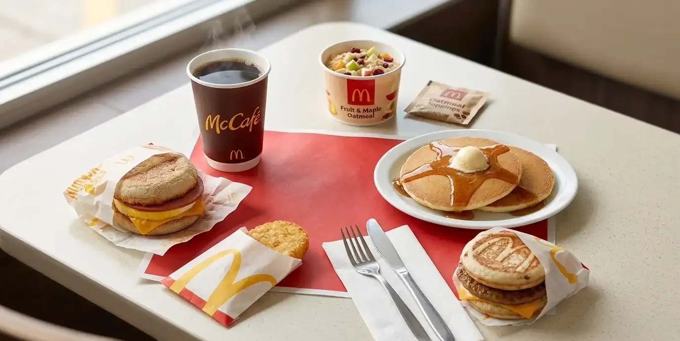 McDonald’s breakfast menu items including Egg McMuffin, hotcakes, hash browns, and coffee.