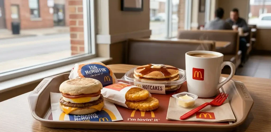 McDonald’s breakfast menu items including Egg McMuffin, hotcakes, coffee, and hash browns.
