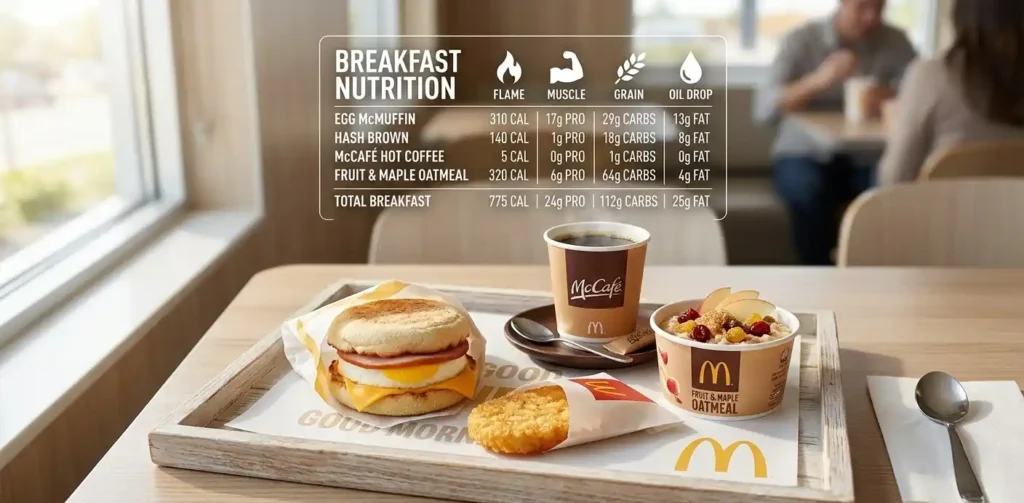 McDonald’s breakfast items including Egg McMuffin, hash brown, coffee, and oatmeal with nutrition information.