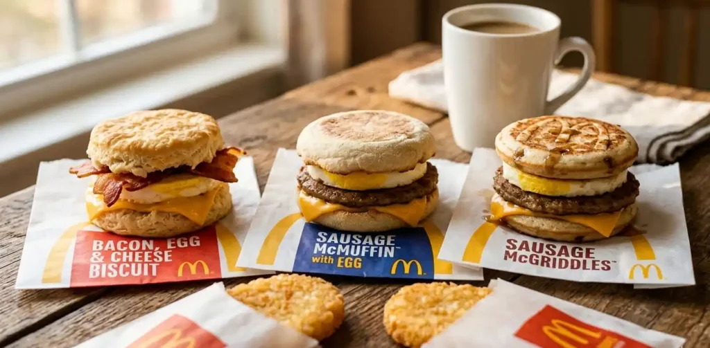 McDonald’s breakfast sandwiches including Sausage McMuffin, McGriddles, and Bacon Egg Biscuit.