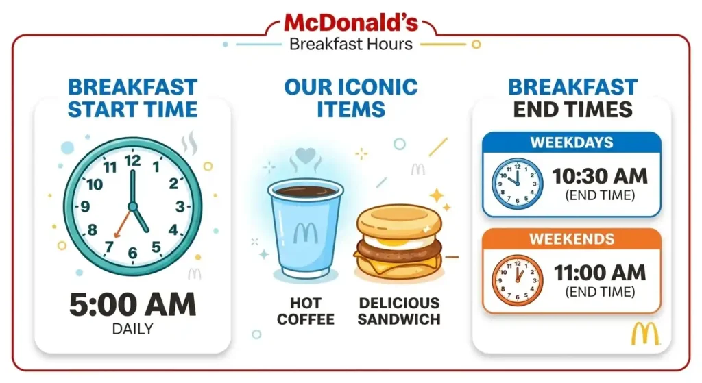 McDonald’s breakfast start and end times infographic for weekdays and weekends.