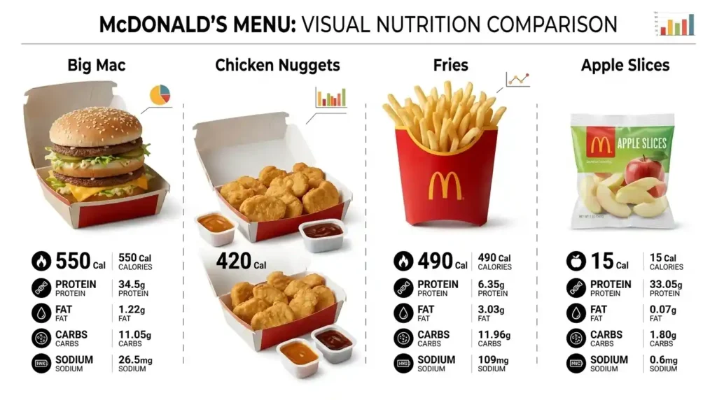 Comparison of McDonald’s nutrition facts showing calories and nutrients for burgers, nuggets, fries, and apple slices.