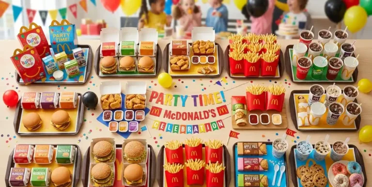Colorful McDonald’s catering spread with burgers, Chicken McNuggets, fries, Happy Meals, drinks, and desserts arranged on a party table.