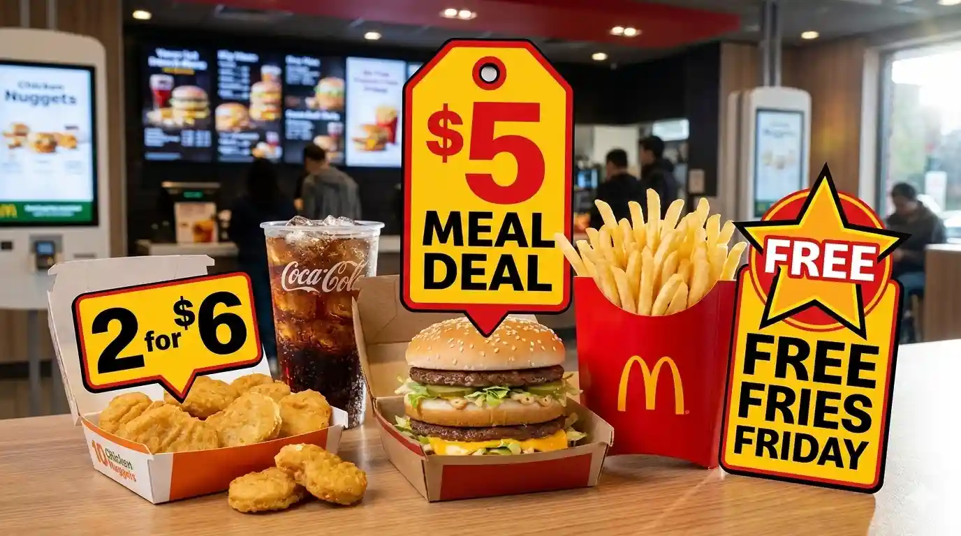 McDonald’s deals and specials including $5 meal deal and 2 for $6 offer with burgers and fries.