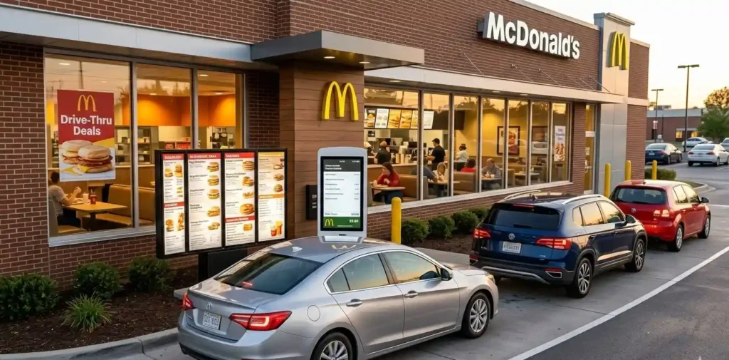McDonald’s drive-thru service with cars ordering food.