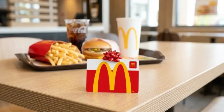 McDonald’s gift card placed with burger, fries, and drink on a table.