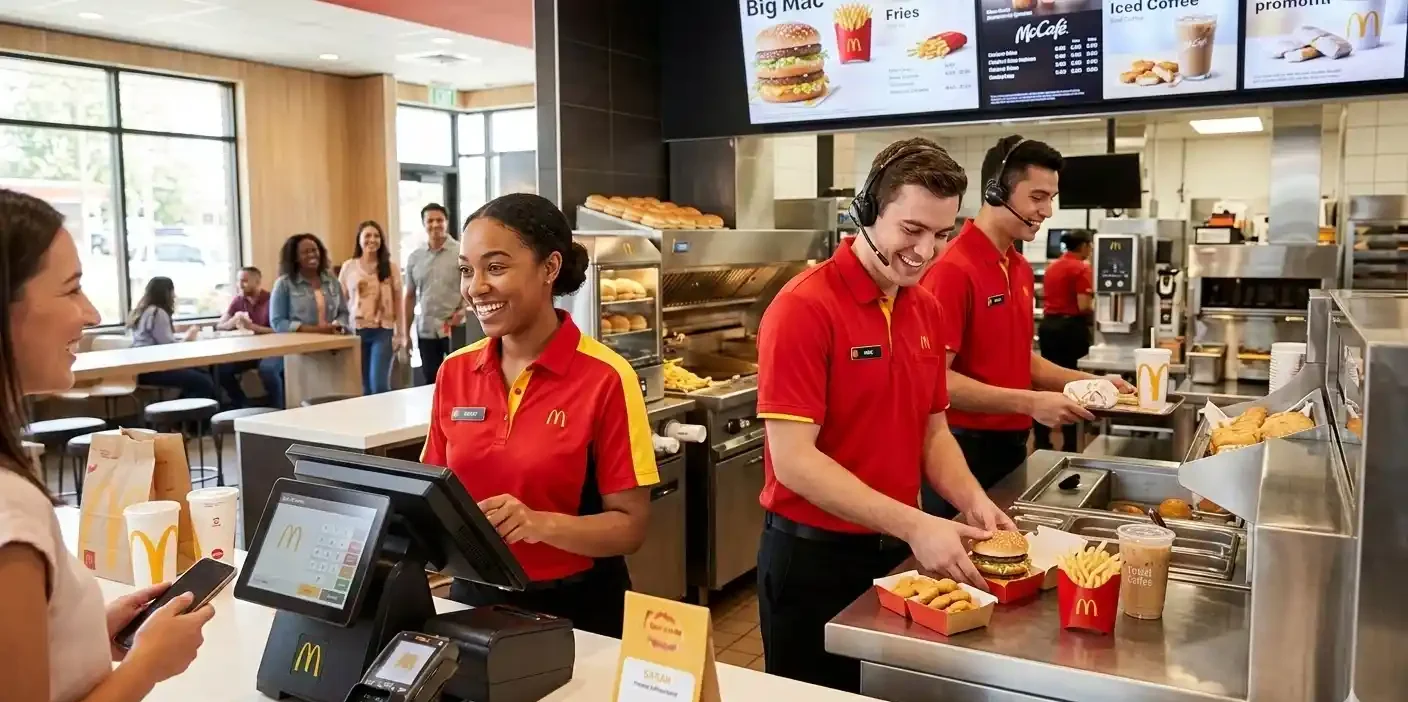 McDonald’s employees working at the counter inside a restaurant.