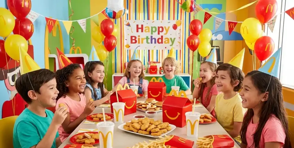Children celebrating a birthday with McDonald’s catering: Happy Meals, nuggets, fries, drinks, balloons, and party decorations