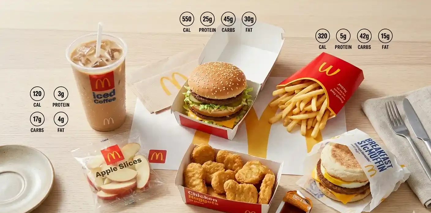McDonald’s menu items including burgers, fries, nuggets, and coffee with nutrition facts infographic.