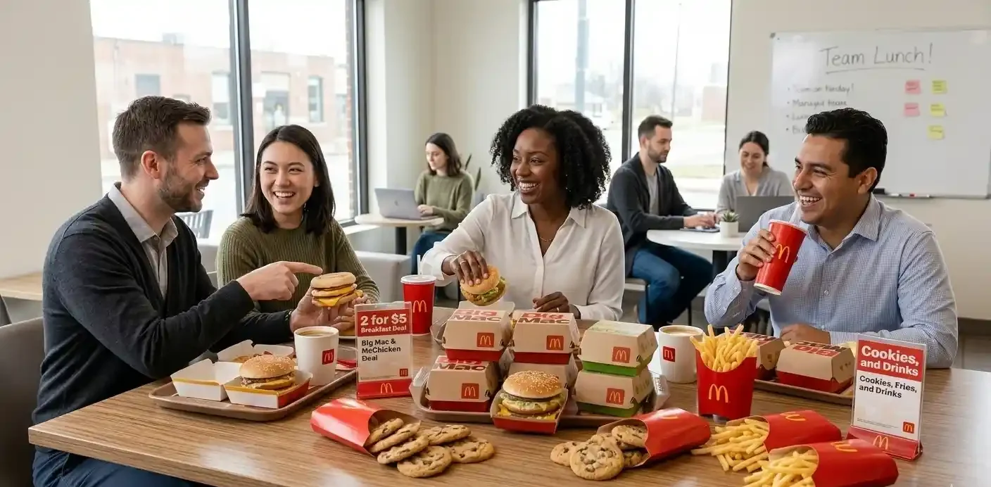 Office employees enjoying a McDonald’s catering lunch with Big Macs, McChickens, fries, drinks, and cookies on a casual work table.