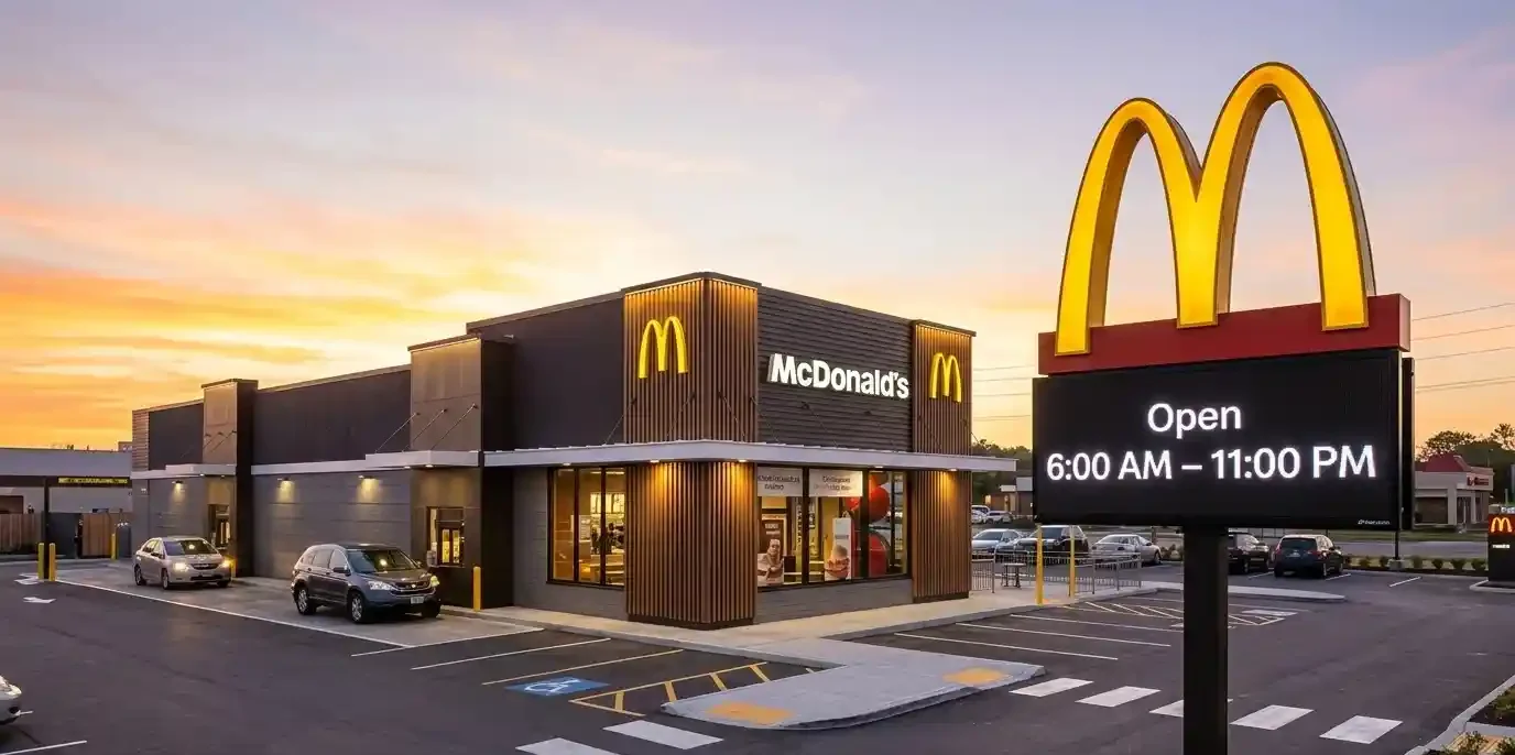 McDonald’s restaurant exterior showing opening hours and drive-thru entrance.