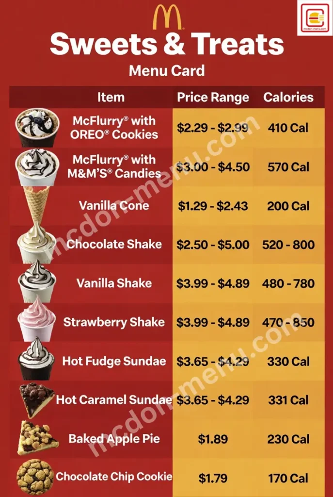 McDonald’s sweets  and treats  menu card