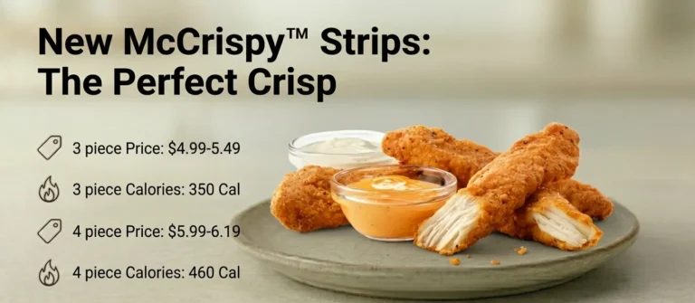 New McCrispy™ Strips 3 piece $4.99-5.49 | 350 Cal 4 piece $5.99-6.19 | 460 Cal