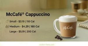McCafé® Cappuccino Small-$3.19 | 110 Cal Medium-$4.29 | 160 Cal Large-$5.19 | 200 Cal