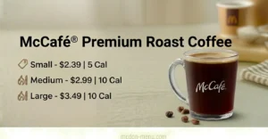 McCafé® Premium Roast Coffee Small-$2.39 | 5 Cal Medium-$2.99 | 10 Cal Large-$3.49 | 10 Cal